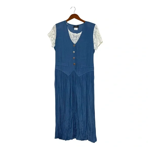 Vintage Dresses | Molly Malloy Vintage Layered Lace Top Vest Pleated Skirt Midi Grannycore Dress | Color: Blue/White | Size: 10p | Sparkles317's